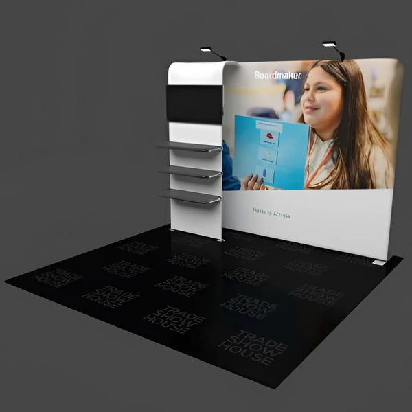 White and black trade show booth with 28’’ waterfall shelving display and woman holding blue product