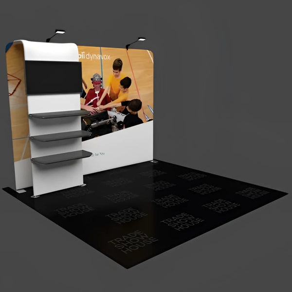 White and gray modular 28’’ waterfall shelving booth with kids in yellow shirts around DJ gear