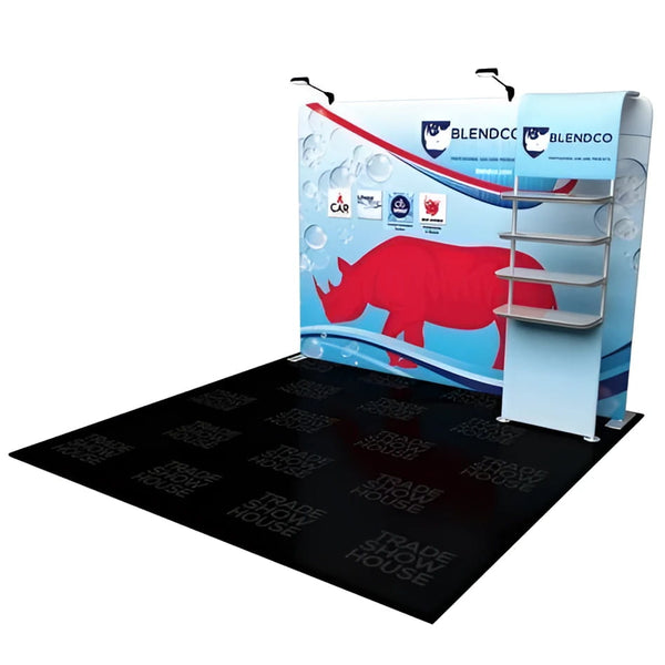 Blue and white Blendco trade show backdrop with red rhino graphic