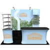 Light blue 36’’ partial waterfall shelving display booth with black countertop and silver metal units