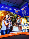 Blue and orange RadData banner for radon water testing with family photo