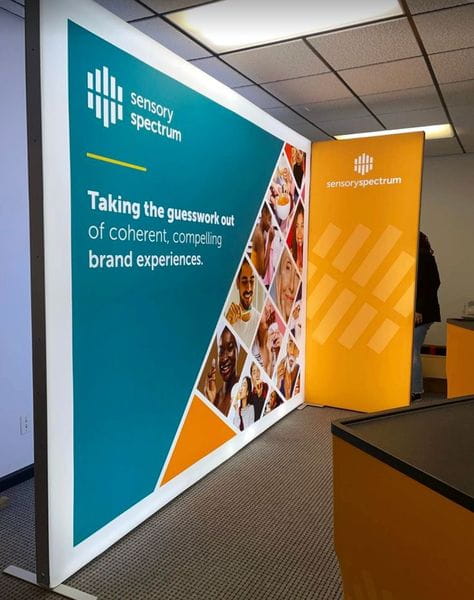 Teal and orange sensory spectrum panels in 3ft frameless SEG lightbox