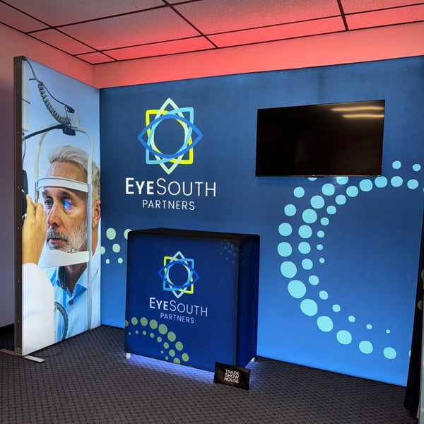3ft Frameless SEG Lightbox with EyeSouth Partners blue fabric branding