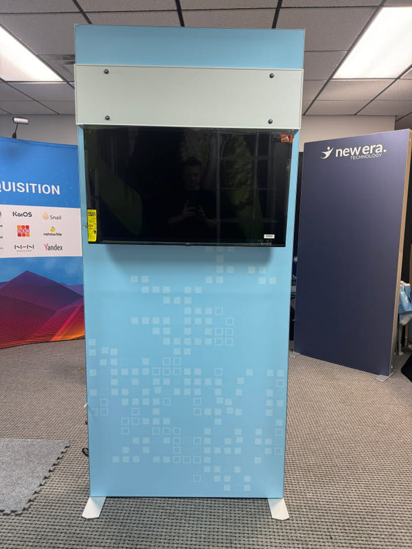 Light blue 3ft frameless SEG lightbox kiosk with black touchscreen