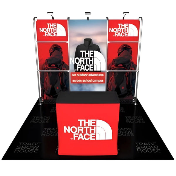 Red North Face trade show booth on 3ft shelving stand with black mannequin