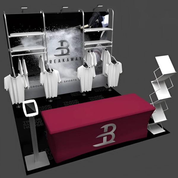 Sleek 3ft Breakaway merch shelving display stand with red tablecloth and white b logo