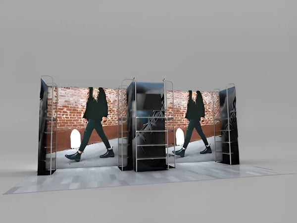 3ft sleek black metal merch shelving display with walking figure panel