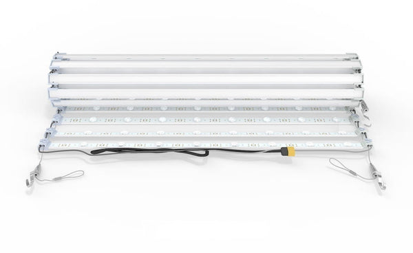 LED grow light panel with hanging wires.