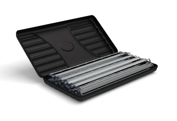 Black case with metal skewers.