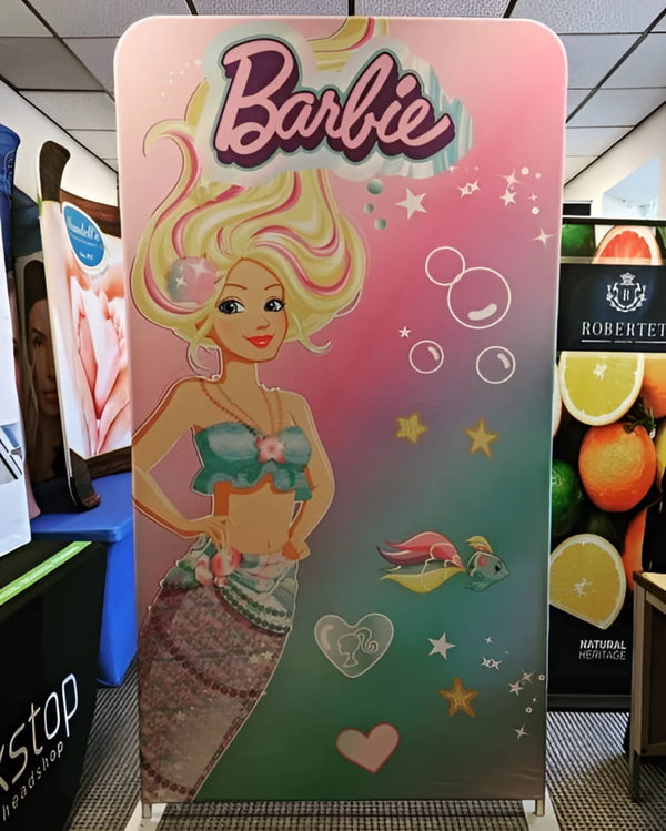 Barbie mermaid 4ft tension fabric banner stand with pink-green gradient backdrop