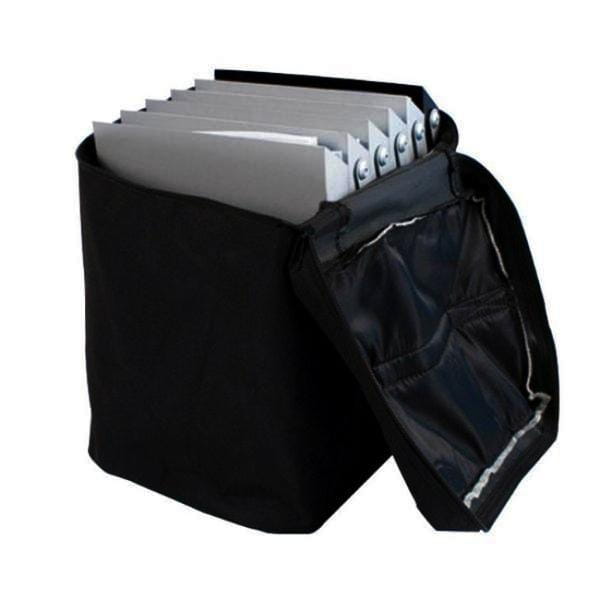 Black 5-pocket compact literature stand with file box and dividers