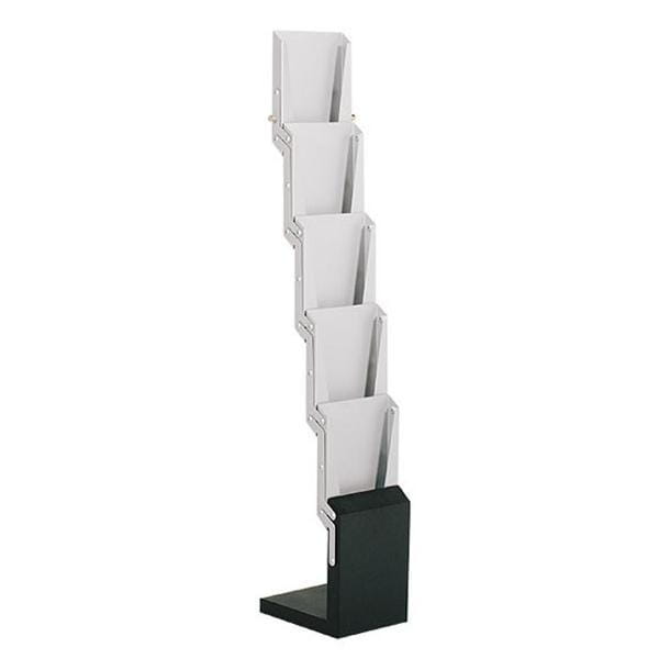 Tall sleek white metal 5-pocket compact literature stand with black base