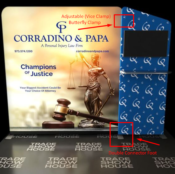 Blue trade show display stand with Lady Justice graphic and logo pattern