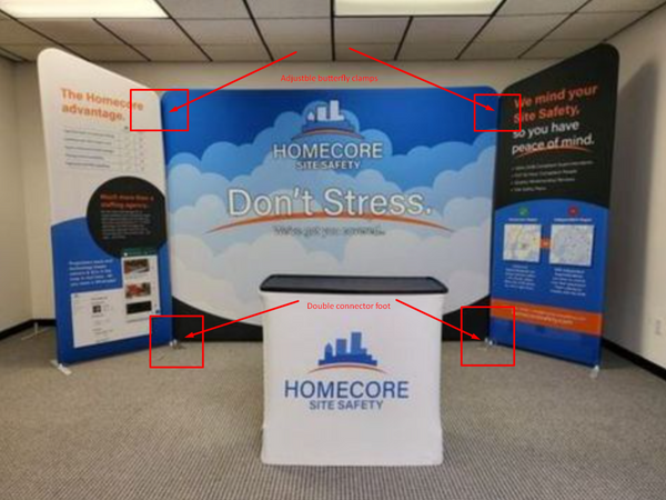 White fabric banner stand with Homecore Site Safety branding on 50mm/32mm aluminum butterfly clamp