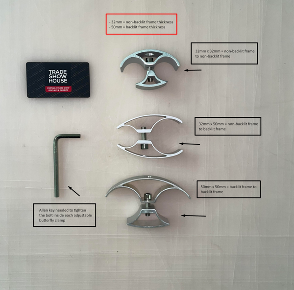 Silver aluminum butterfly clamps with adjustable bolts for frames