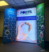 Blue and green Polyfil hexagonal retractable banner stand with double overlapping foot