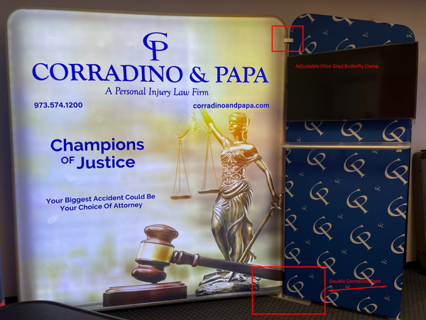 Blue patterned display stand with adjustable butterfly clamp and double connection spot for 50mm/50mm Double Inline Foot