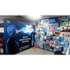 Blue fabric banner with adjustable butterfly clamp and double connector for 50mm/50mm double overlapping foot display setup