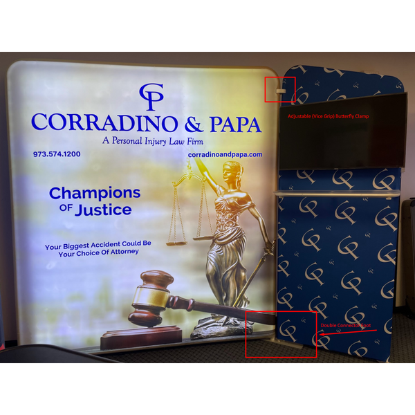 Blue patterned fabric stand with gold silver legal graphic for 50mm double overlapping foot