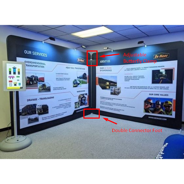 Black adjustable butterfly clamp with metallic finish on display stand