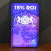 Purple backlit 5ft tension fabric display with lions n crest logo and 15% ROI text