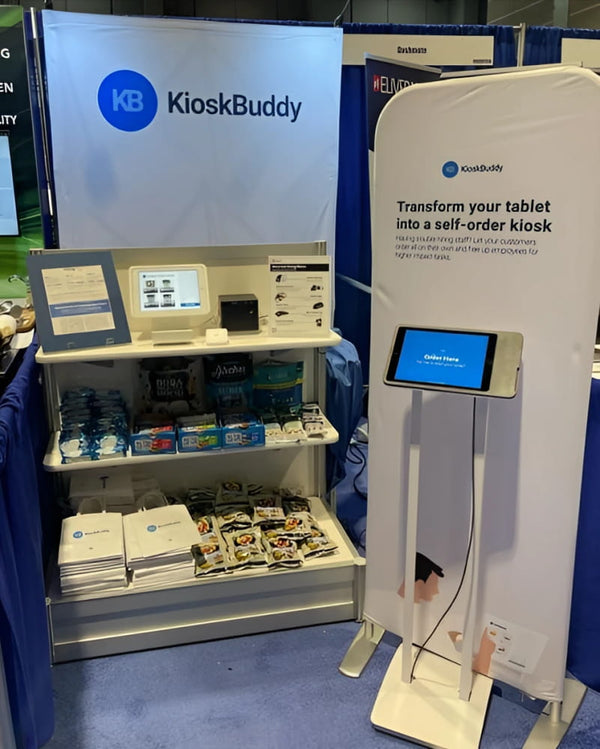 White Kioskbuddy self-order kiosk with tablet on 5ft stand