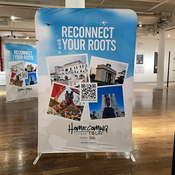 5ft Tension Fabric Banner Stand: Blue and white reconnect with your roots promo with historical sites and QR code