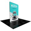 Teal and white angled tension fabric display with white car graphic