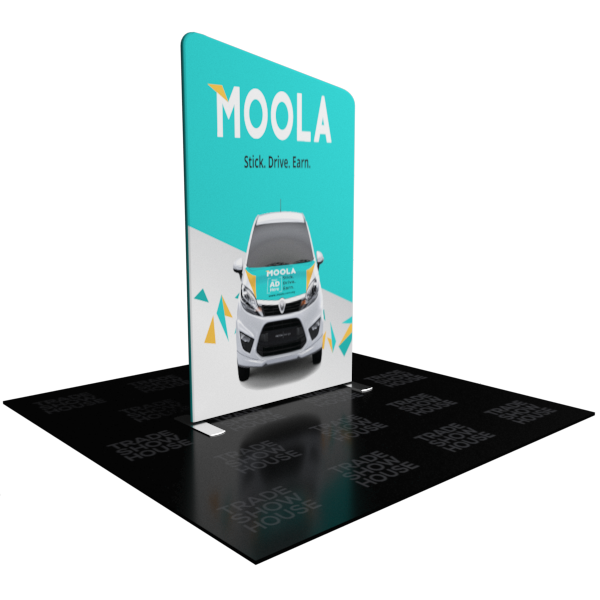 Teal and white angled tension fabric display with white car graphic