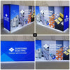 Blue and gray illuminated Sumitomo Electric trade show booth with Connect with Innovation slogan