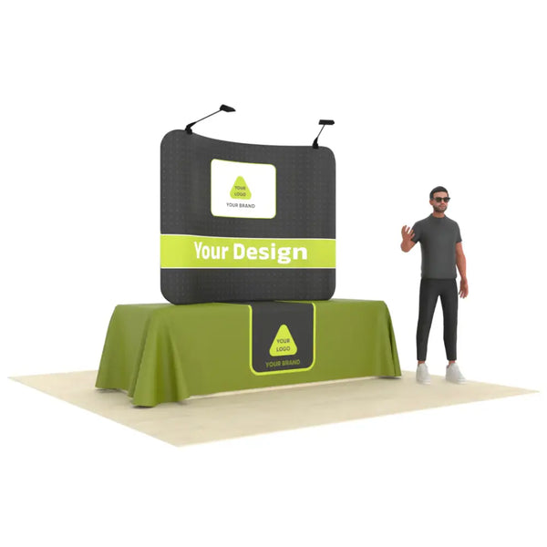 Our 6ft Curved Tabletop Tension Fabric Display Kit is a sleek and modern tabletop display that quickly assembles