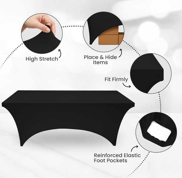 6ft solid black stretch table cover with elastic foot pockets
