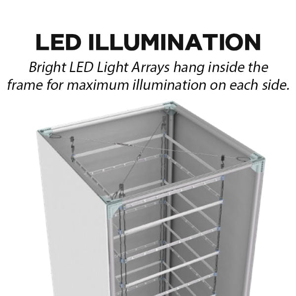 Modern 8ft backlit SEG light box tower with metallic frame and LED illumination