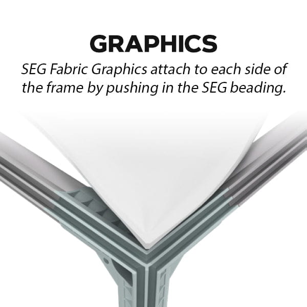 8ft Backlit SEG Light Box Tower with white fabric graphics on gray frame