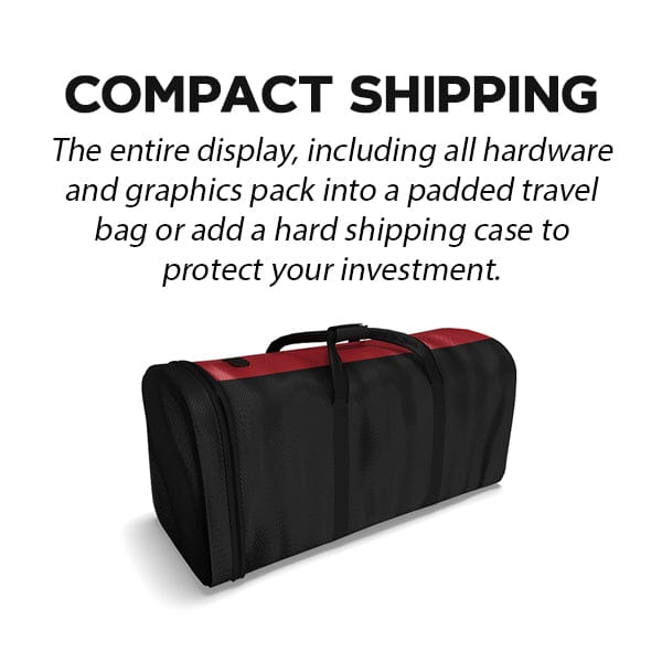 Black and red padded travel bag with top handle in 8ft backlit SEG light box