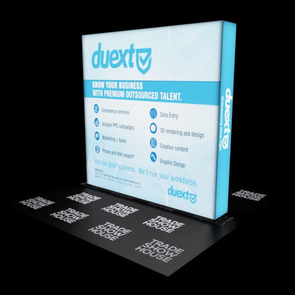 Sleek light blue and white Duxxt promo display in 8ft backlit SEG light box