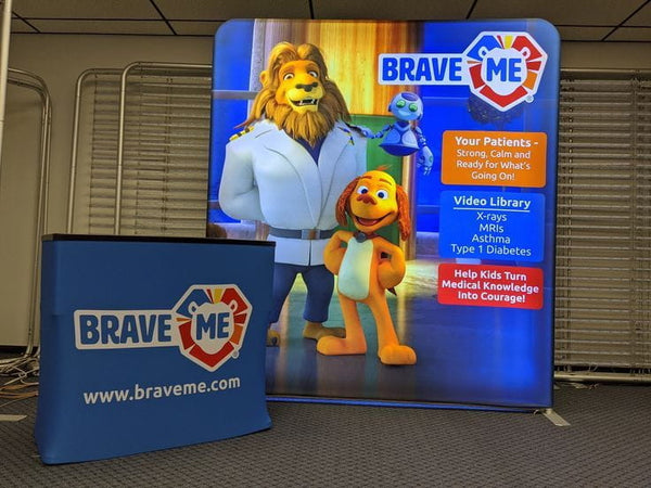 Our 8ft Backlit Tension Fabric Display is an ultra-bright and vivid portable backlit trade show display that showcase