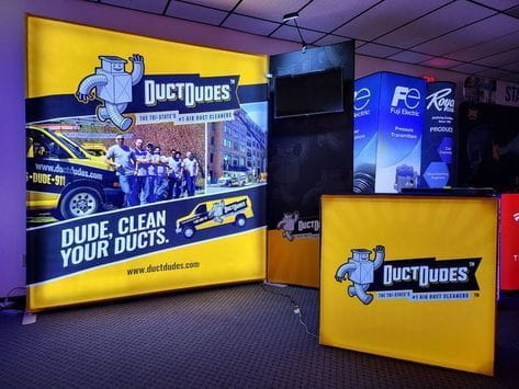 Our 8ft Backlit Tension Fabric Display is an ultra-bright and vivid portable backlit trade show display that showcase