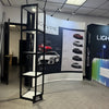Our 8ft Curved Pop Up Fabric Display Table Kit includes a 6ft or fitted style cover to match your and black nylon carry