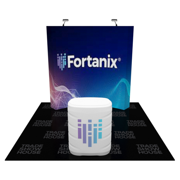 White cylindrical podium with purple blue striped logo on 8ft curved pop up display kit
