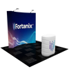 8ft Curved Pop Up Fabric Display Podium Kit with white cylindrical stand and purple blue logo