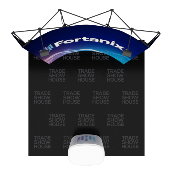 Blue curved banner with Fortanix logo and trade show text on 8ft podium kit