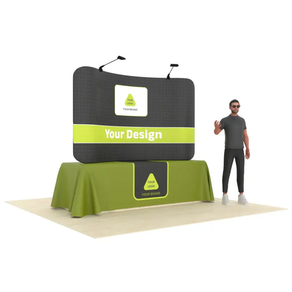 Our 8ft Curved Tabletop Tension Fabric Display Kit includes a custom printed fitted table cover to match your display