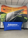 Our 8ft Curved Tabletop Tension Fabric Display Kit includes a custom printed fitted table cover to match
