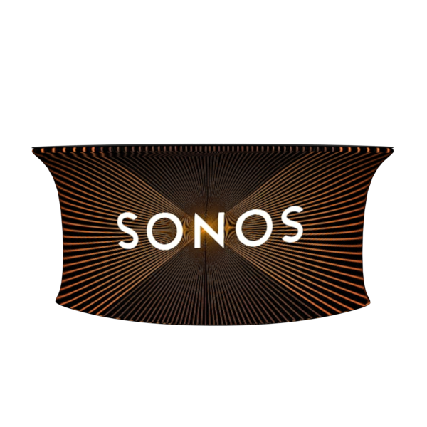 Sonos logo on dark radiating geometric background for 8ft curved tension fabric counter