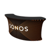 Sleek 8ft curved Sonos display stand with orange-gold glow