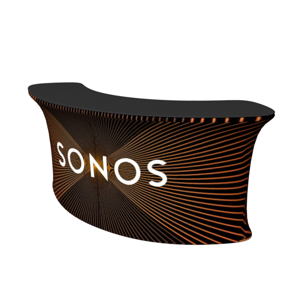 Sleek 8ft curved Sonos display stand with orange-gold glow