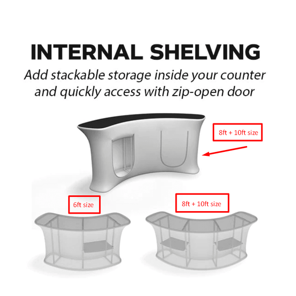 8ft curved tension fabric counter with gray shelving and zip door