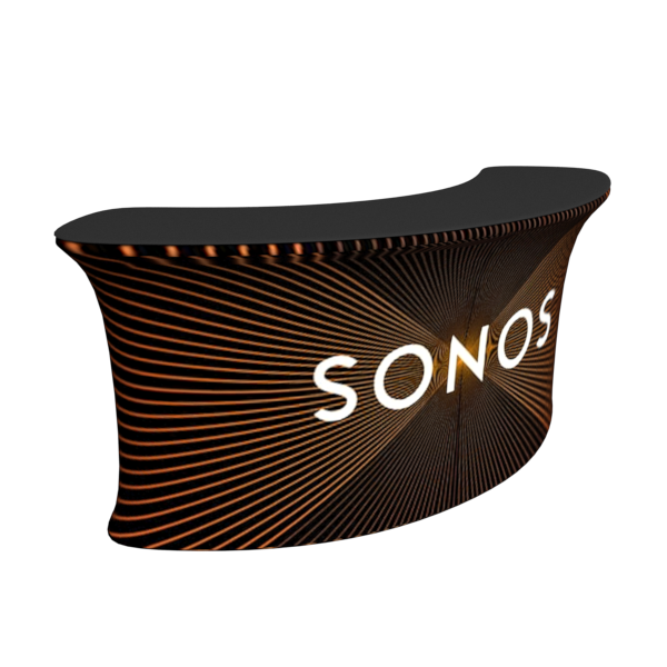 Sleek 8ft curved Sonos display stand with black top and orange radial lines