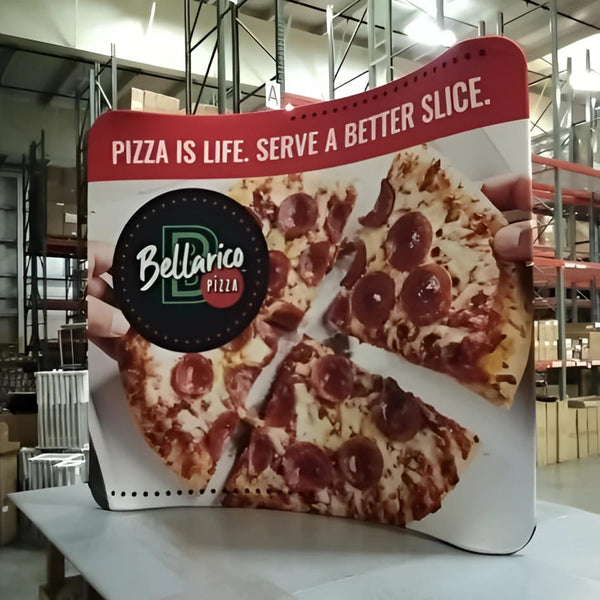 Bellarica pizza 8ft curved tension fabric display with pepperoni pizza and Pizza is Life slogan